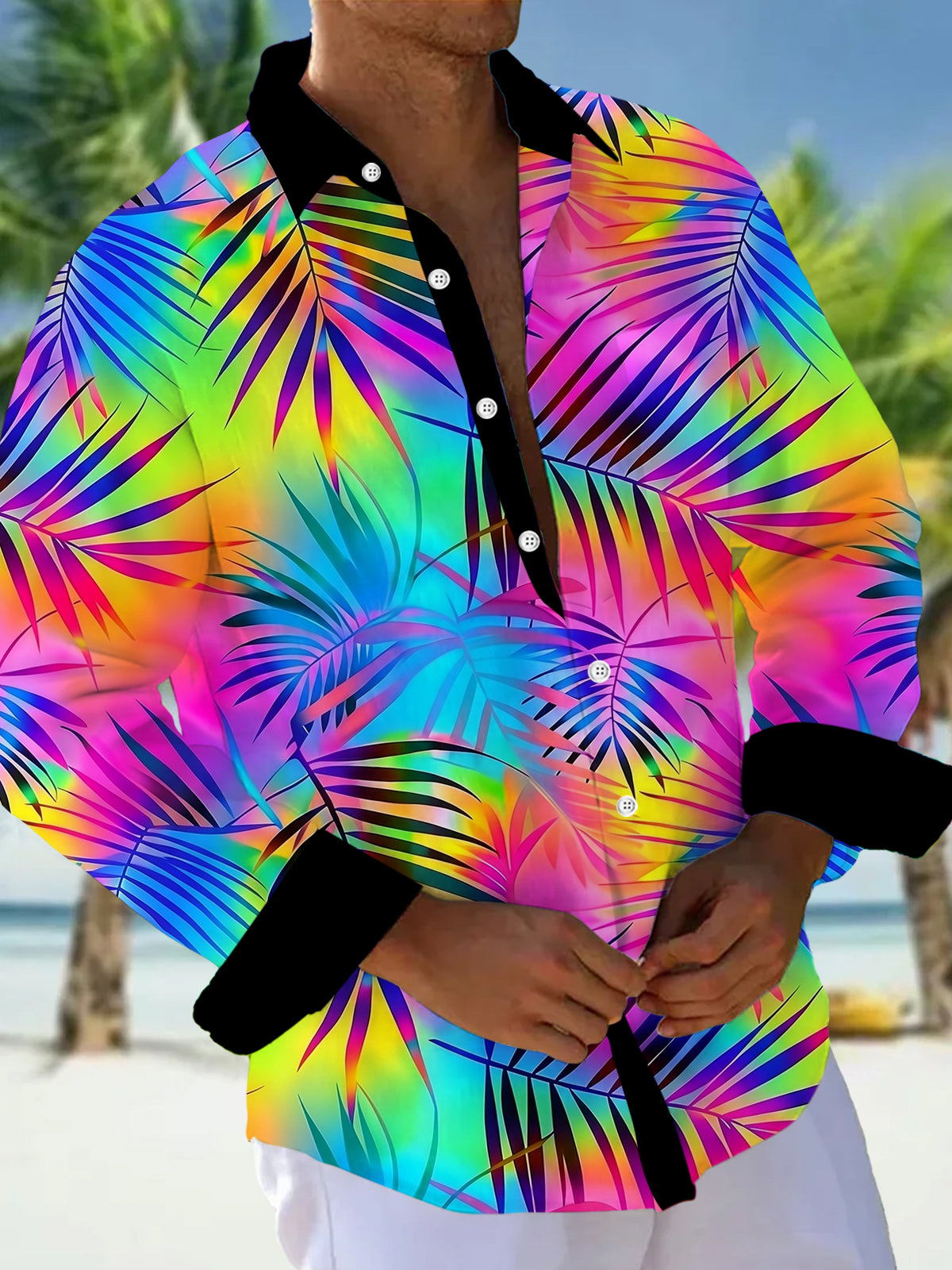 Oceanlyte Men's Hawaiian Tropical Rainbow Gradient Palm Leaf Print Long Sleeve Button Down Shirt with Chest Pocket