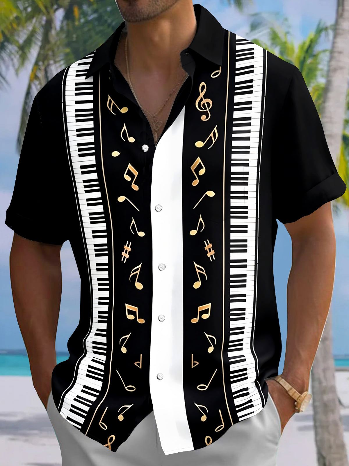 Oceanlyte Men's Graphic Piano Keys Musical Notes Print Short Sleeve Button Down Shirt with Chest Pocket