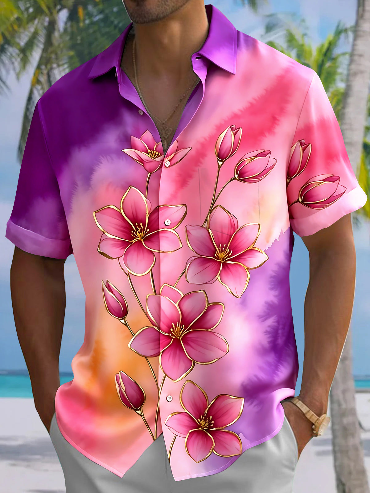 Oceanlyte Men's Pink Purple Floral Tie Dye Short Sleeve Button Down Shirt with Chest Pocket