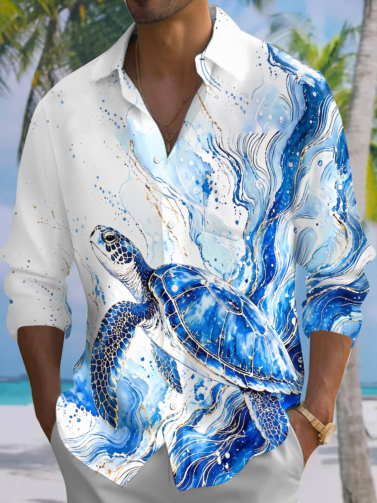 Oceanlyte Men's Graphic Blue Sea Turtle Watercolor Print Long Sleeve Button Down Shirt with Chest Pocket