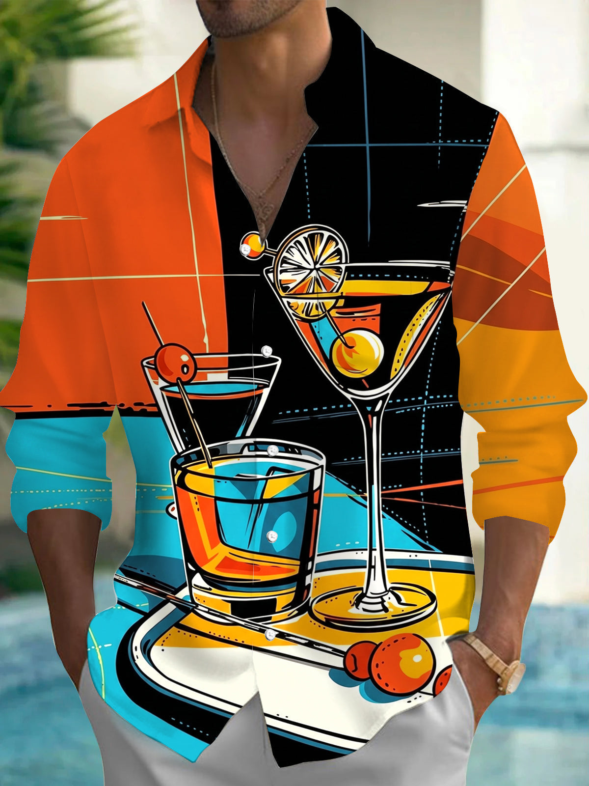 Oceanlyte Men's Cocktail Drink Graphic Print Long Sleeve Button Down Shirt with Chest Pocket