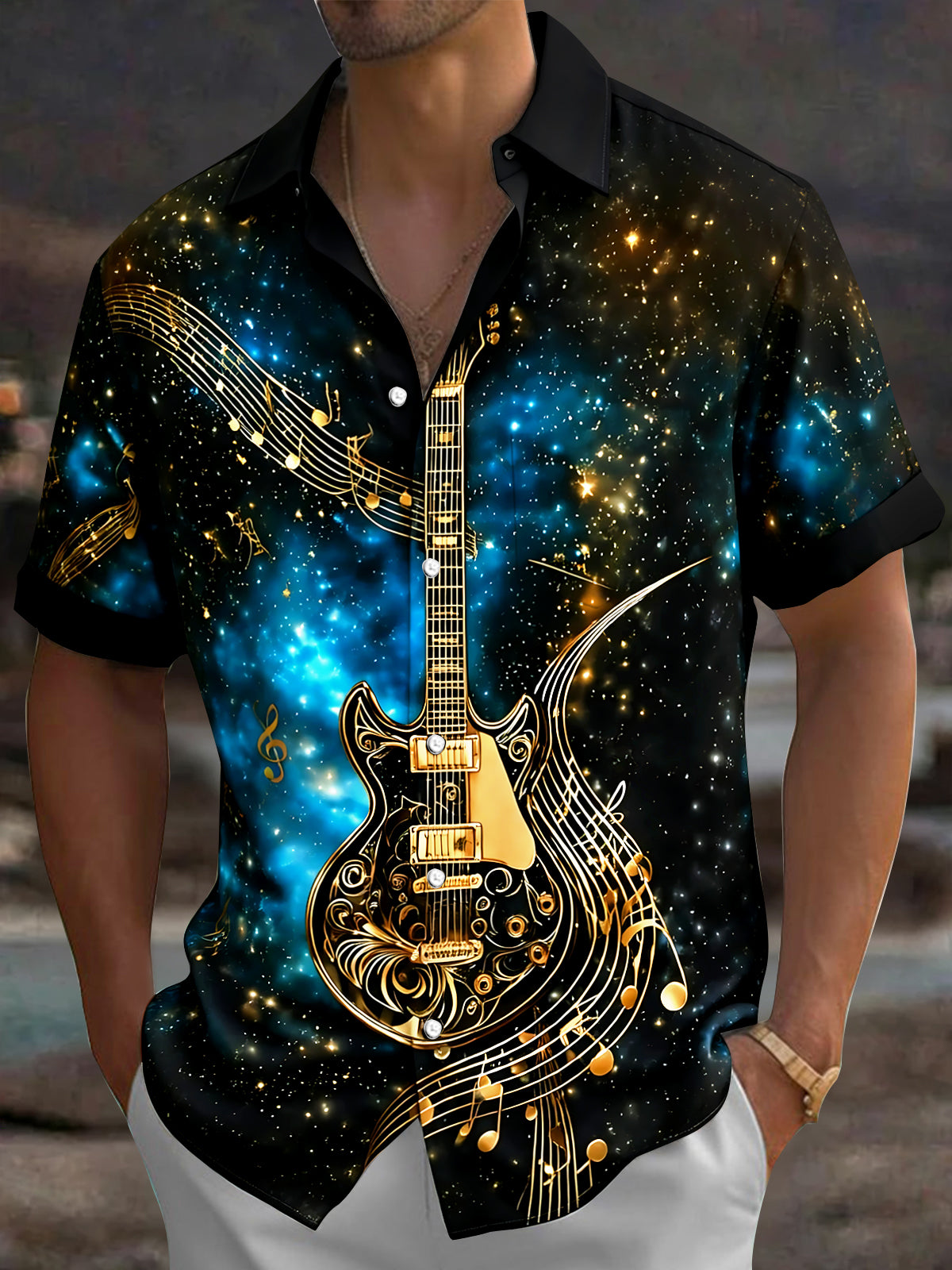 Oceanlyte Men's Graphic Galaxy Guitar Musical Notes Print Short Sleeve Button Down Shirt with Chest Pocket