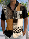 Oceanlyte Men's Striped Abstract Tribal Geometric Patchwork Pattern Short Sleeve Button Down Shirt with Chest Pocket