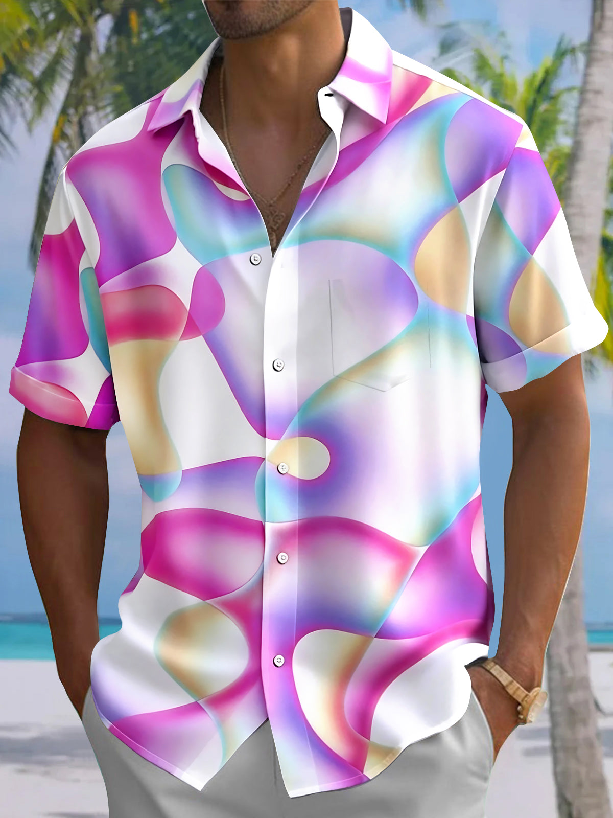 Oceanlyte Men's Graphic Abstract Gradient Blob Pattern Print Short Sleeve Button Down Shirt with Chest Pocket