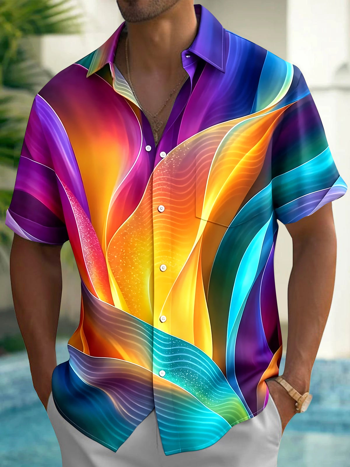 Oceanlyte Men's Orange Graphic Abstract Gradient Wave Print Short Sleeve Button Down Shirt with Chest Pocket
