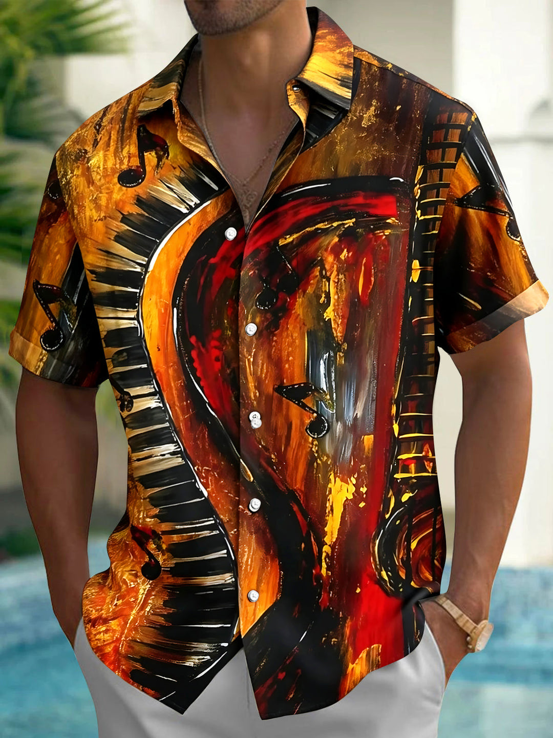 Oceanlyte Men's Abstract Musical Instrument Graphic Print Short Sleeve Button Down Shirt with Chest Pocket