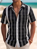 Oceanlyte Men's Geometric Black White Stripe Print Short Sleeve Button Down Shirt with Chest Pocket