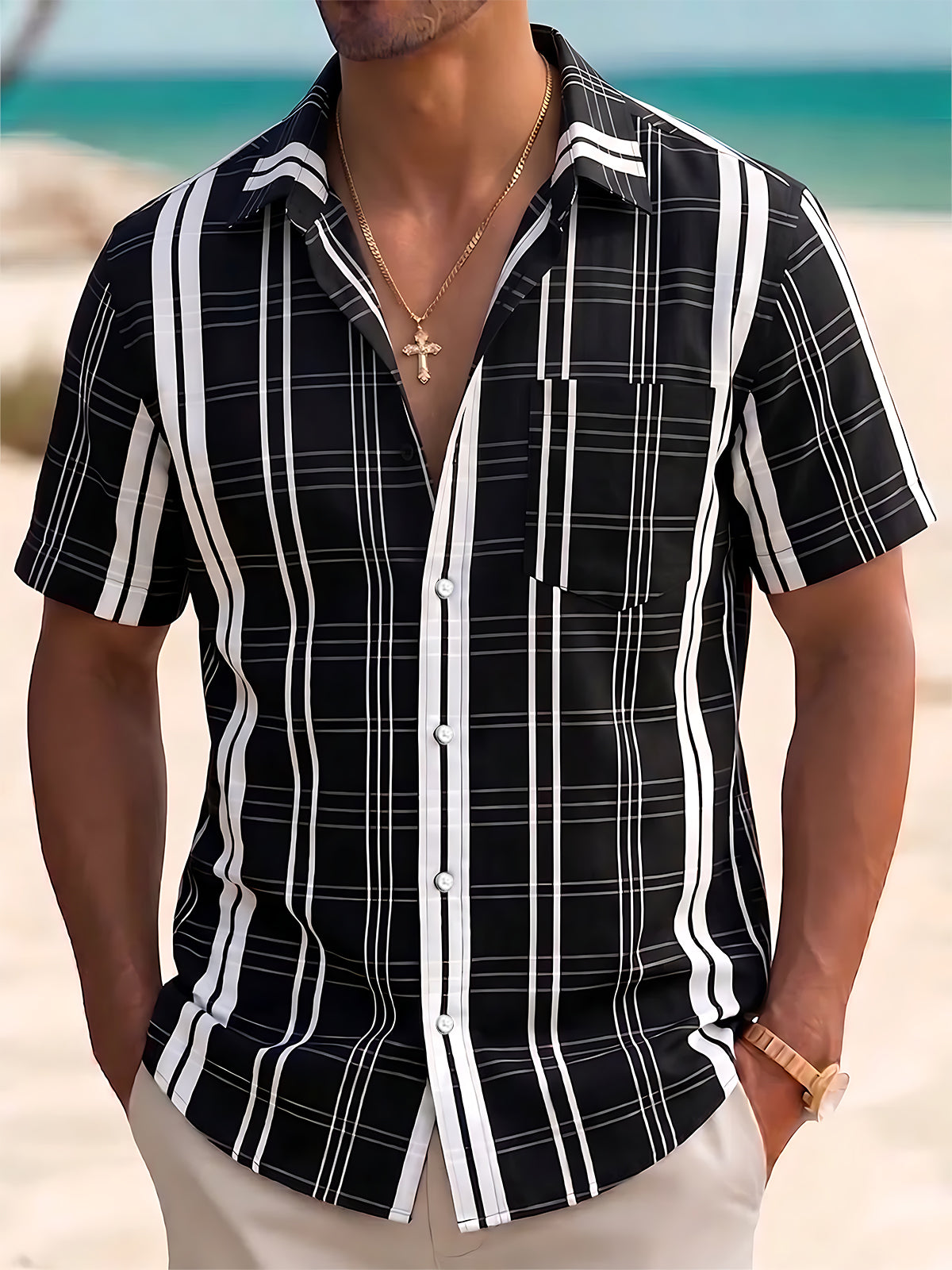 Oceanlyte Men's Geometric Black White Stripe Print Short Sleeve Button Down Shirt with Chest Pocket
