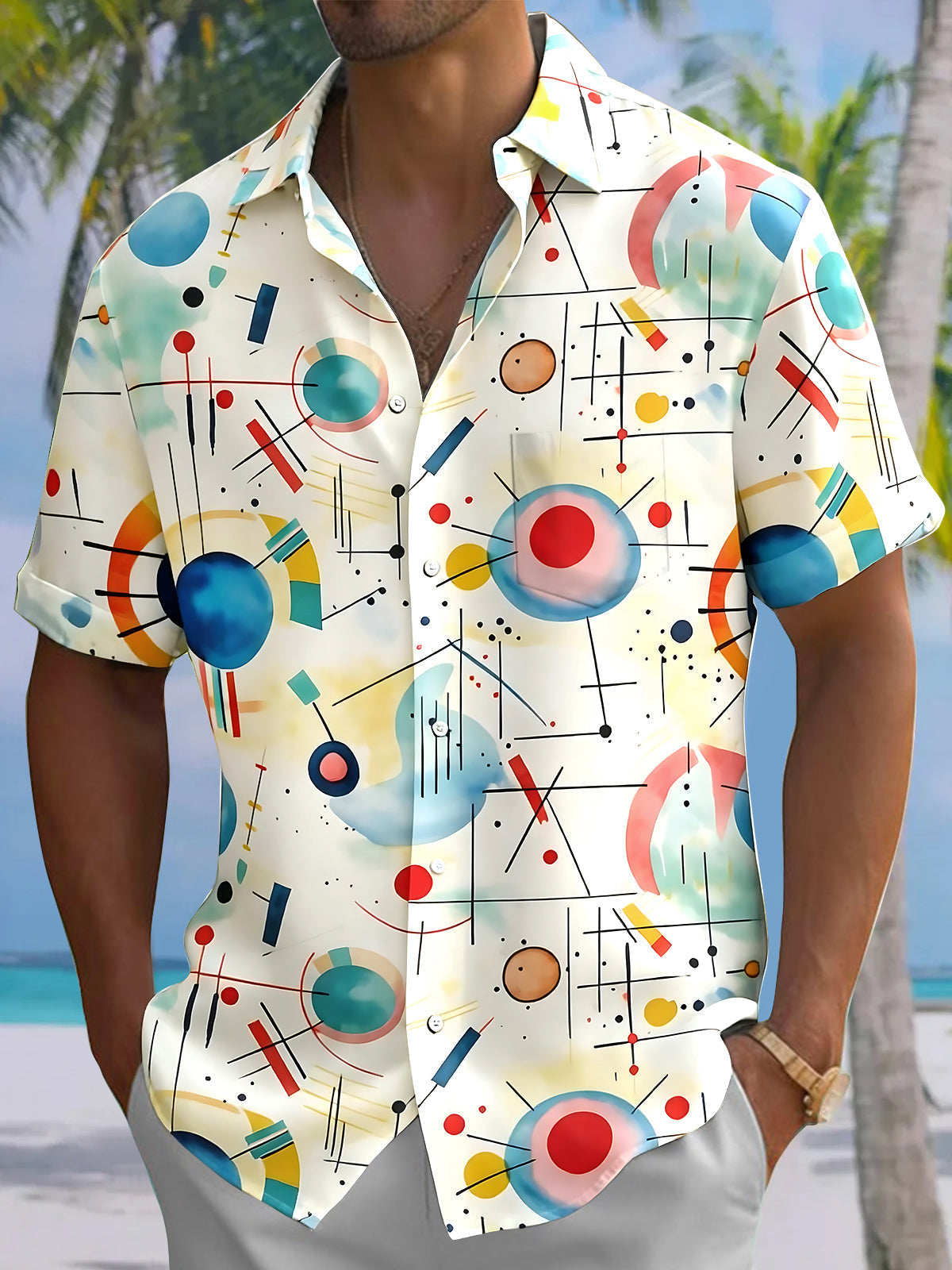 Oceanlyte Men's Retro Abstract Geometric Circle Print Short Sleeve Button Down Shirt with Chest Pocket