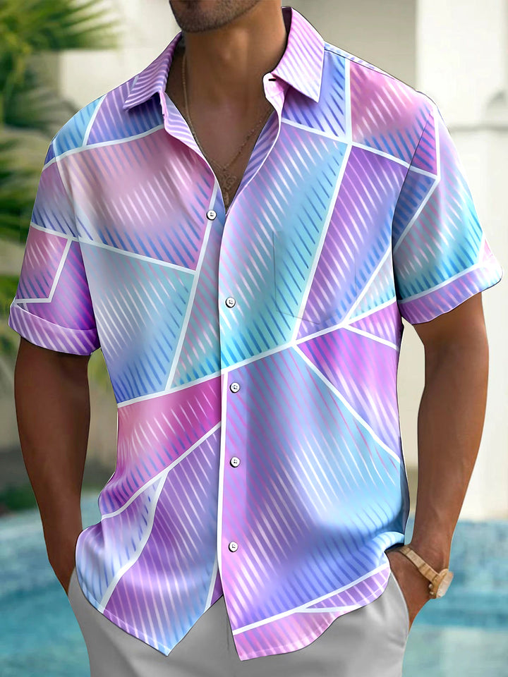 Oceanlyte Men's Abstract Geometric Gradient Line Print Short Sleeve Button Down Shirt with Chest Pocket