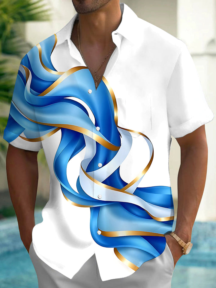 Oceanlyte Men's Graphic 3D Blue Gold Ribbon Wave Print Short Sleeve Shirt with Chest Pocket