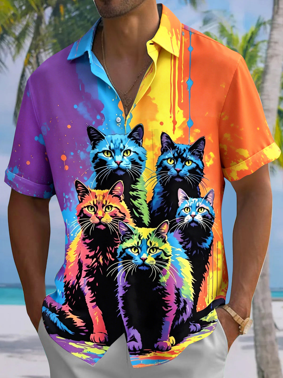 Oceanlyte Men's Graphic Colorful Cat Group Print Short Sleeve Button Down Shirt with Chest Pocket