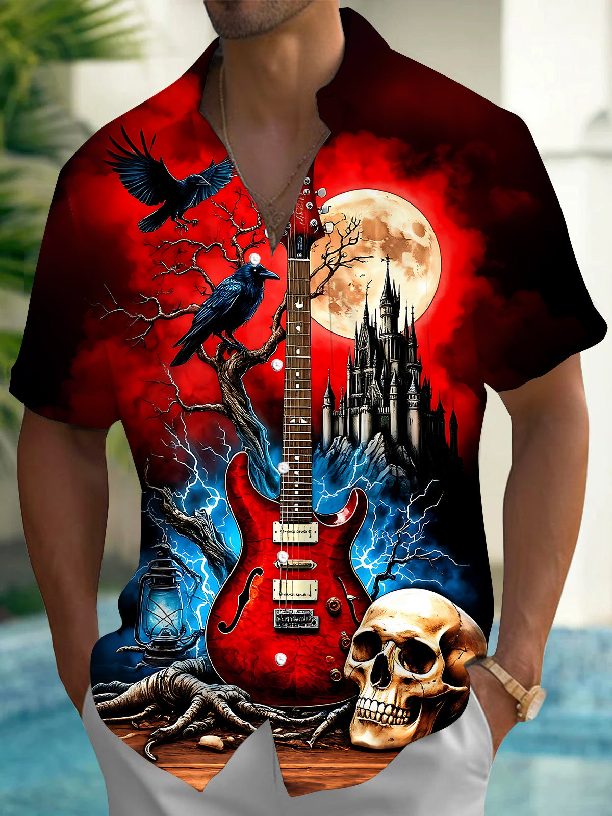 Oceanlyte Men's Graphic 3D Gothic Guitar Skull Moon Print Short Sleeve Shirt with Chest Pocket