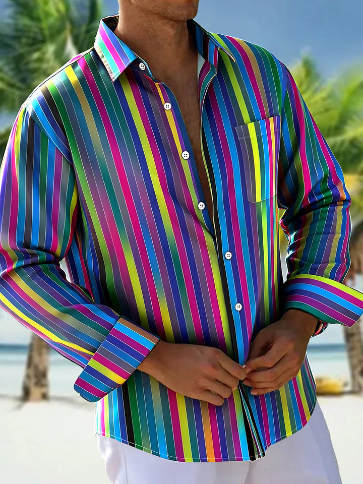 Oceanlyte Men's Geometric Vertical Stripe Print Long Sleeve Button Down Shirt with Chest Pocket
