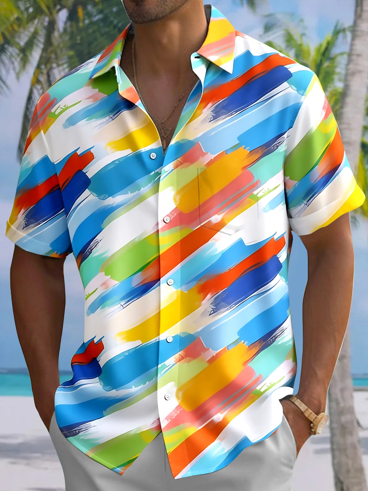 Oceanlyte Men's Abstract Brush Stroke Striped Short Sleeve Button Down Shirt with Chest Pocket