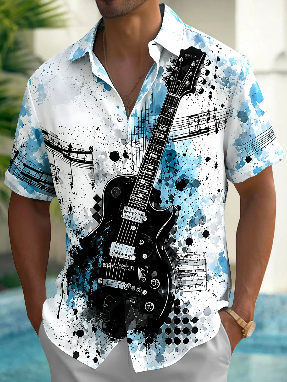Oceanlyte Men's Abstract Electric Guitar Music Graphic Print Short Sleeve Button Down Shirt with Chest Pocket