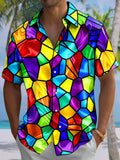 Oceanlyte Men's Geometric Stained Glass Mosaic Print Short Sleeve Button Down Shirt with Chest Pocket