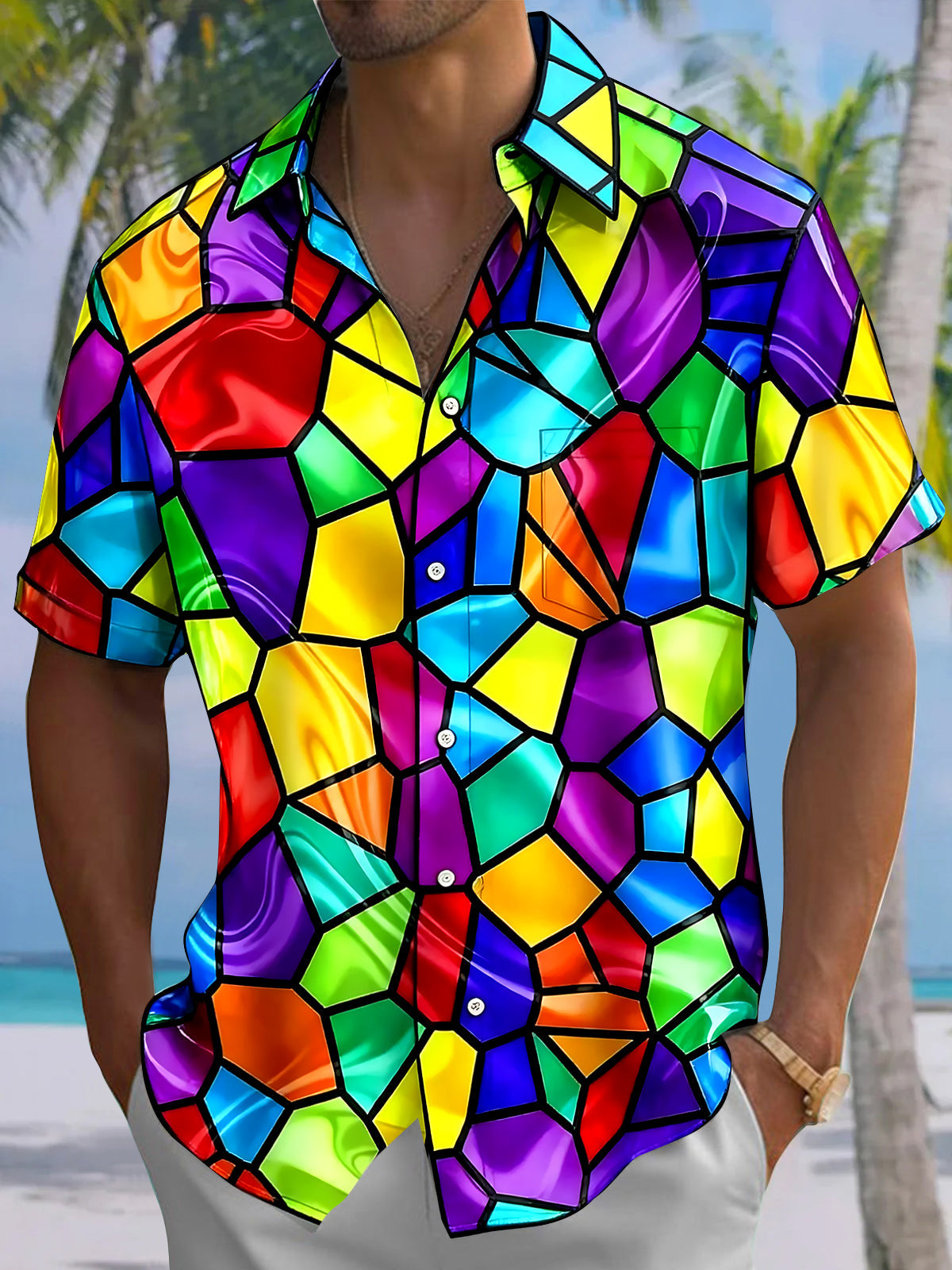 Oceanlyte Men's Geometric Stained Glass Mosaic Print Short Sleeve Button Down Shirt with Chest Pocket