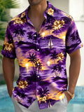 Oceanlyte Men's Hawaiian Floral Purple Sunset Palm Tree Sailboat Print Short Sleeve Button Down Shirt with Chest Pocket