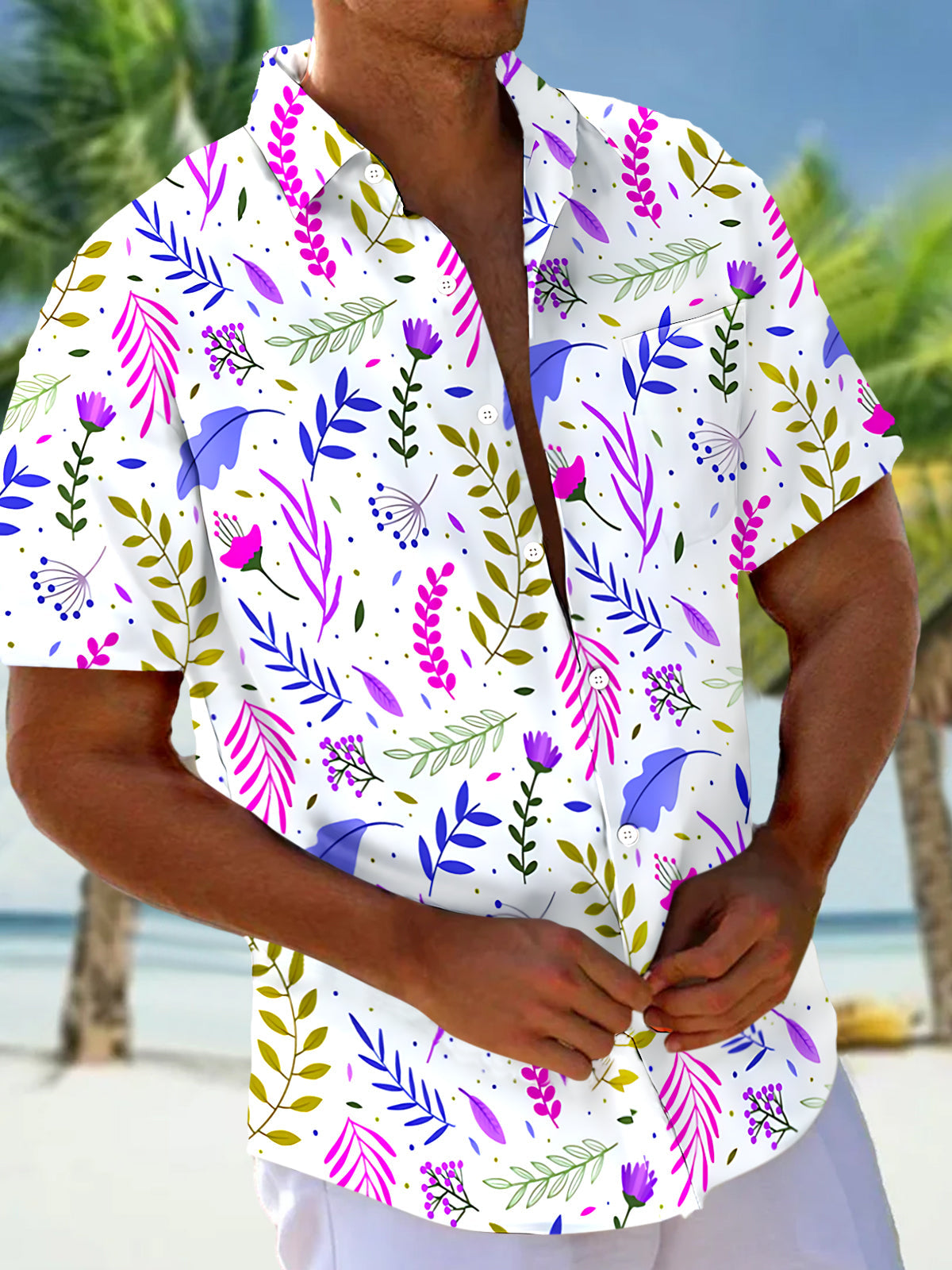 Oceanlyte Men's Leaf Floral Pattern Print Short Sleeve Button Down Shirt with Chest Pocket