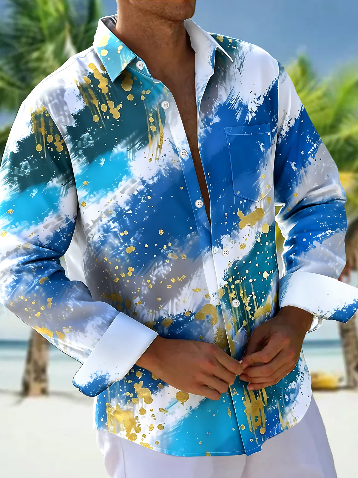 Oceanlyte Men's Gold Graphic Abstract Paint Splatter Print Long Sleeve Button Down Shirt with Chest Pocket
