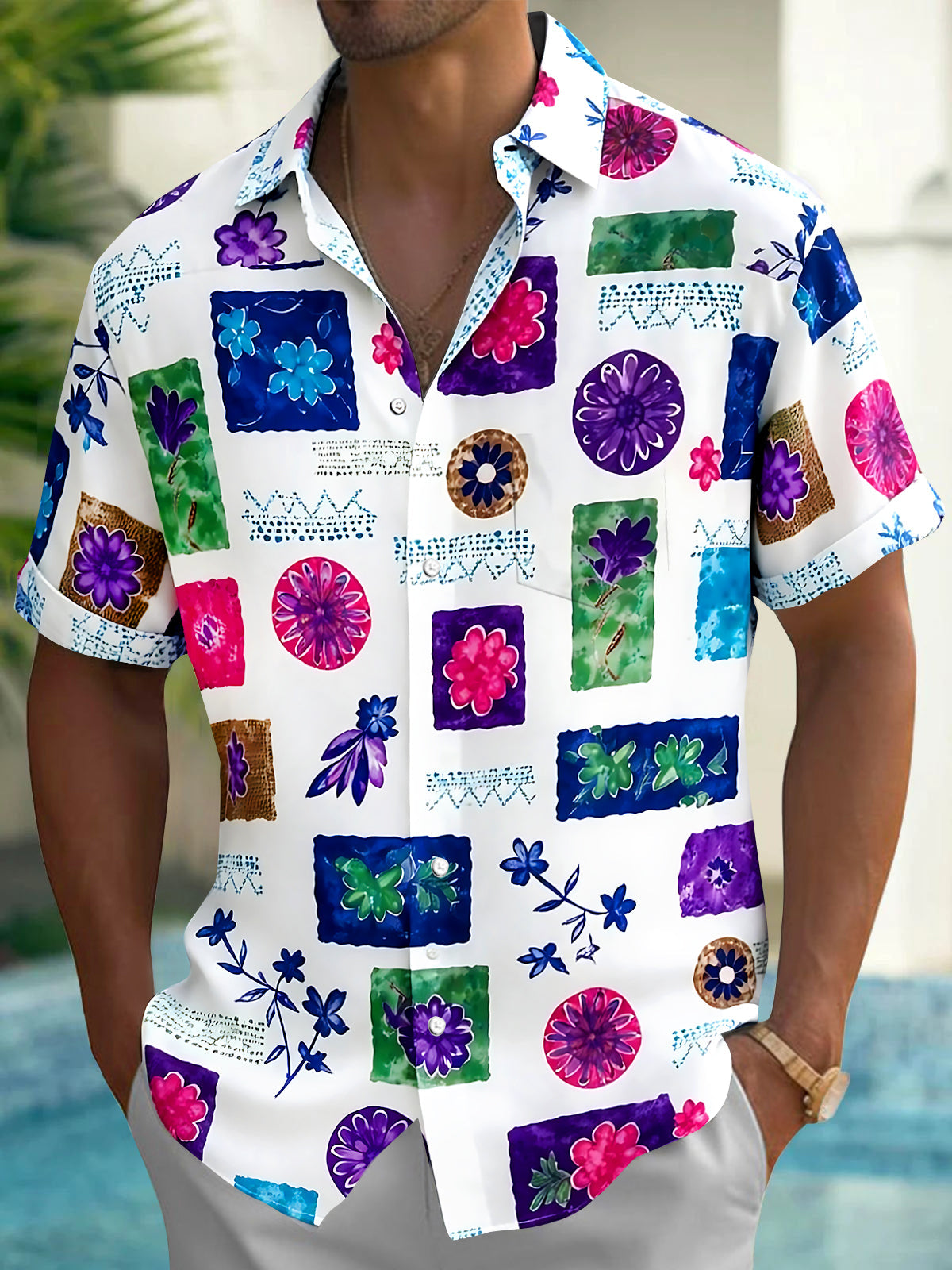 Oceanlyte Men's Watercolor Floral Pattern Print Short Sleeve Button Down Shirt with Chest Pocket