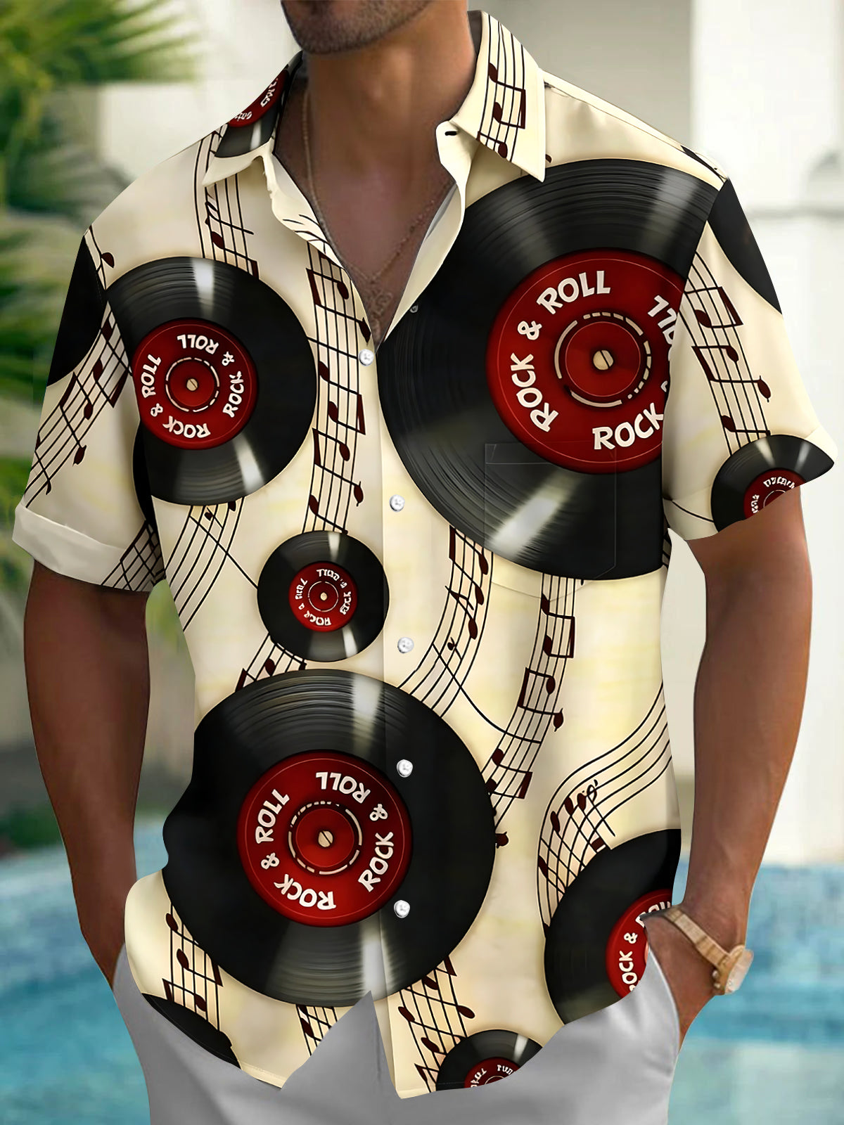 Oceanlyte Men's Graphic 3D Rock Roll Vinyl Record Print Short Sleeve Button Down Shirt with Chest Pocket