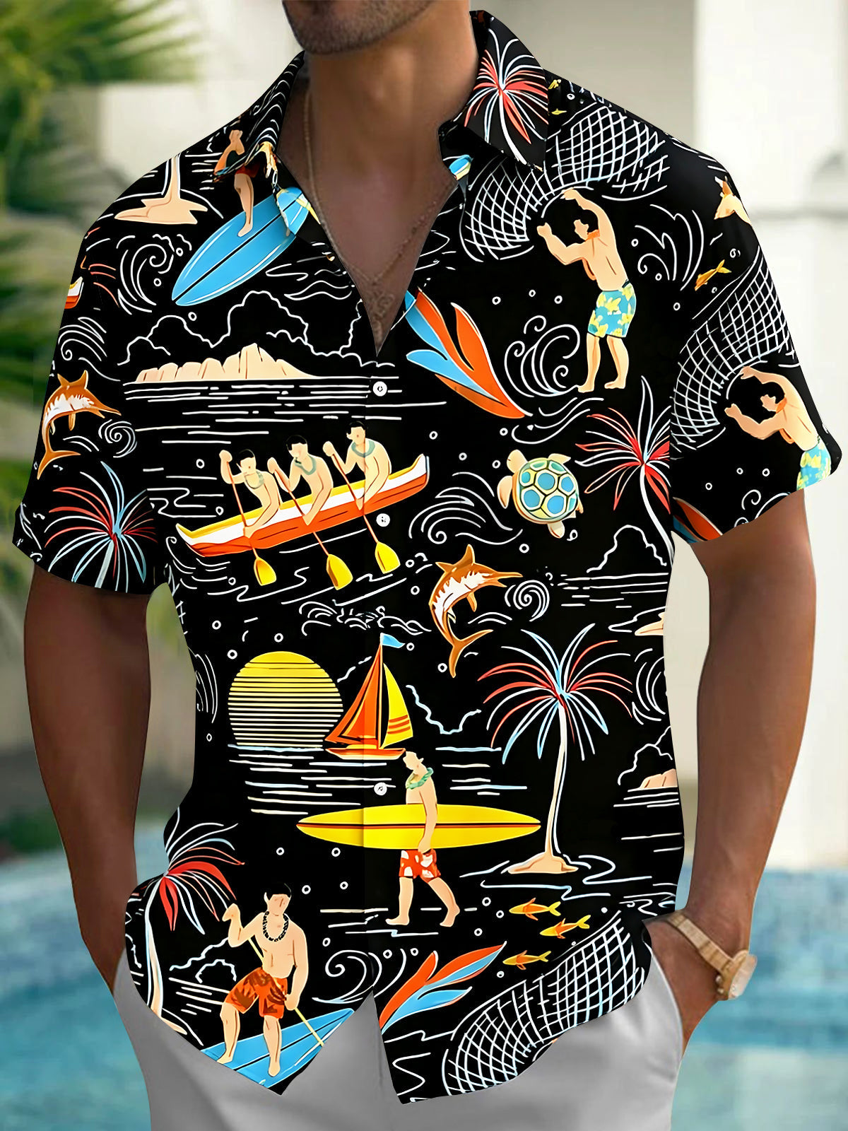 Oceanlyte Men's Hawaiian Surf Canoe Tropical Print Short Sleeve Button Down Shirt with Chest Pocket
