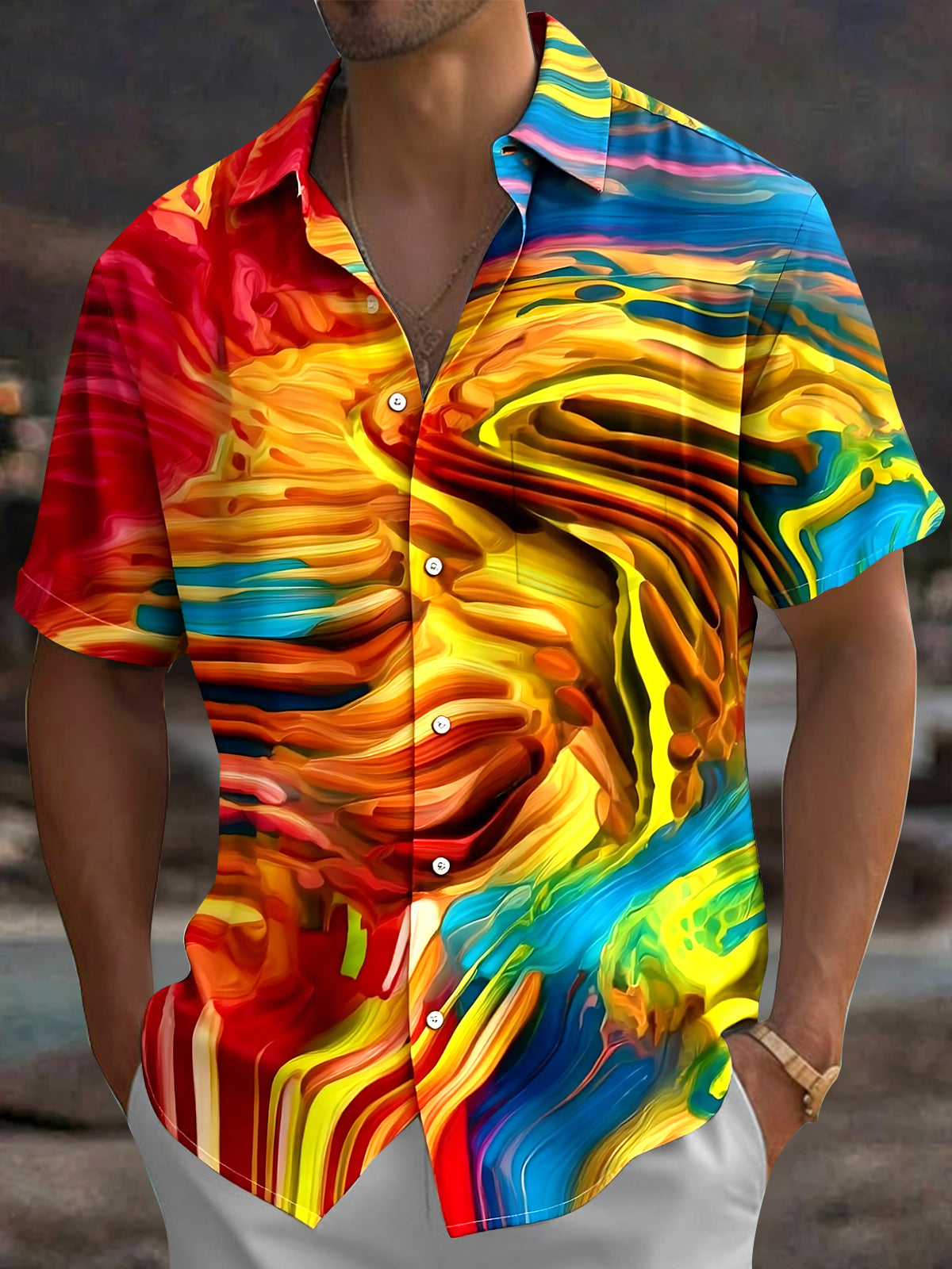 Oceanlyte Men's Yellow Red Graphic Abstract Swirl Gradient Print Short Sleeve Button Down Shirt with Chest Pocket