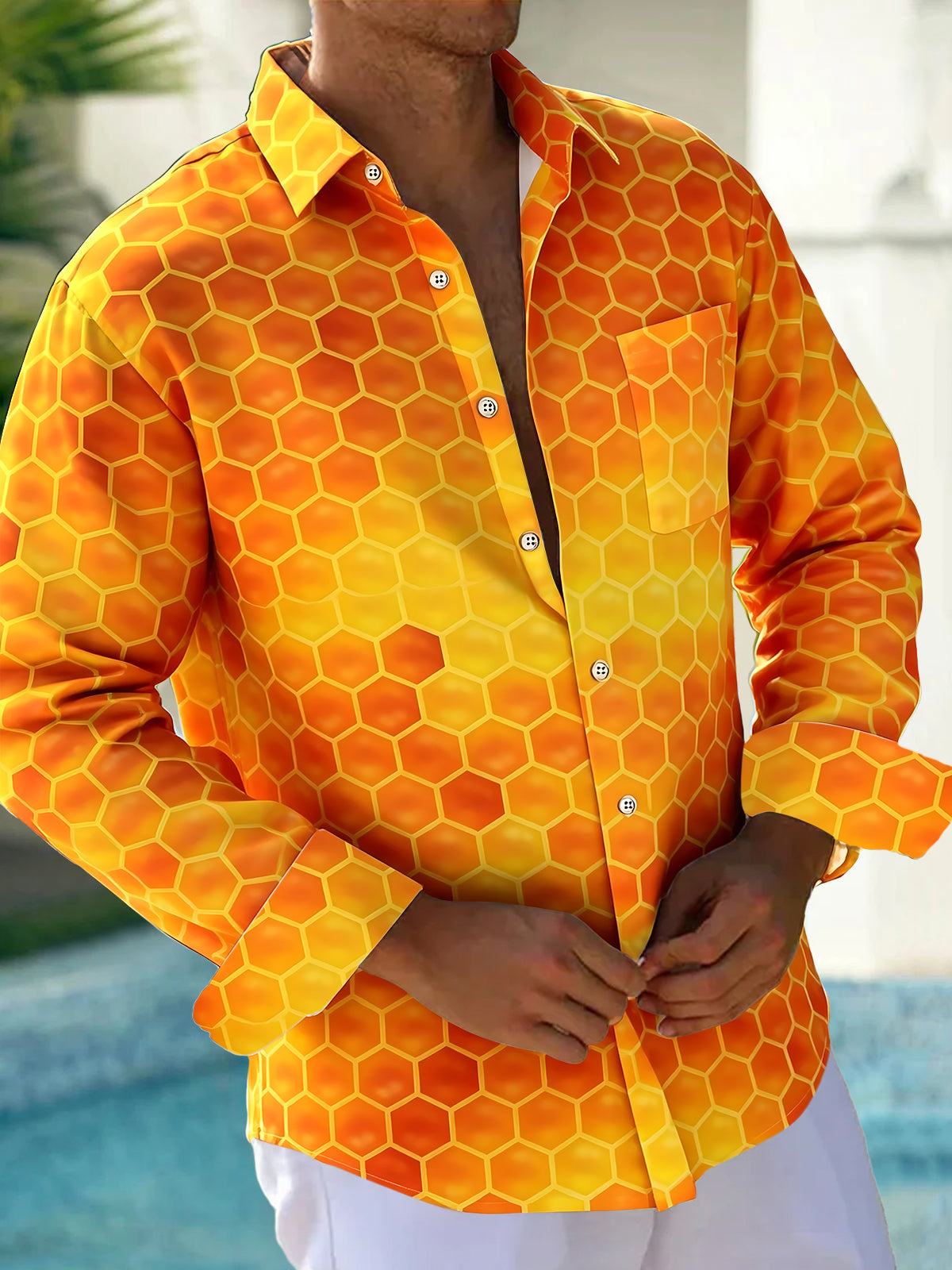 Oceanlyte Men's Honeycomb Geometric Gradient Print Long Sleeve Button Down Shirt with Chest Pocket