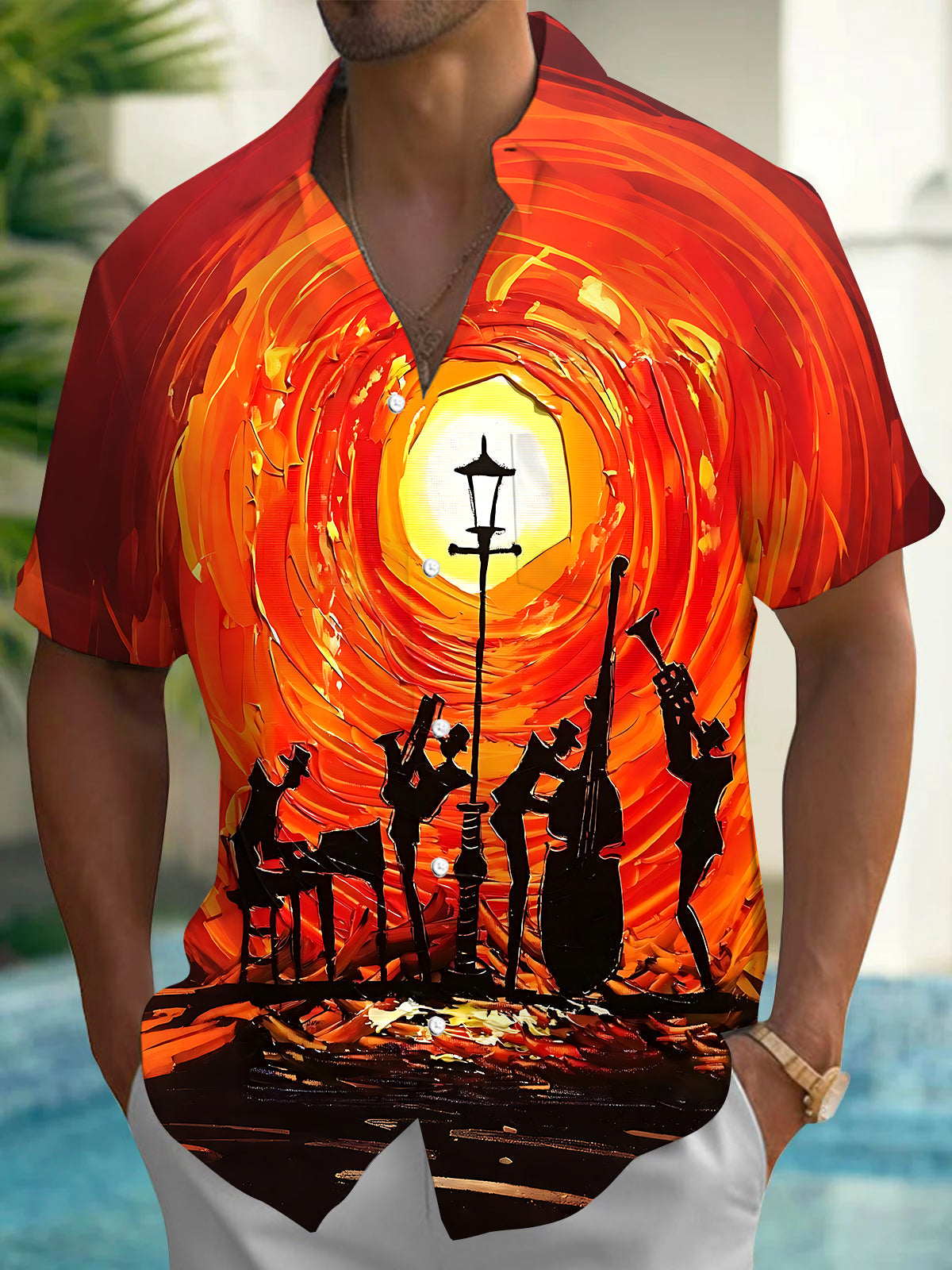Oceanlyte Men's Graphic Abstract Jazz Band Silhouette Print Short Sleeve Button Down Shirt with Chest Pocket