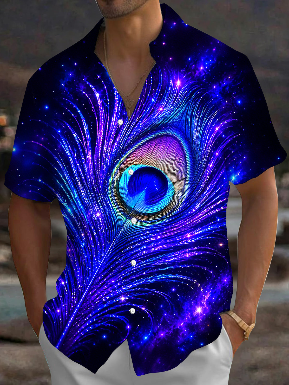 Oceanlyte Men's Graphic Peacock Feather Galaxy Print Short Sleeve Button Down Shirt with Chest Pocket