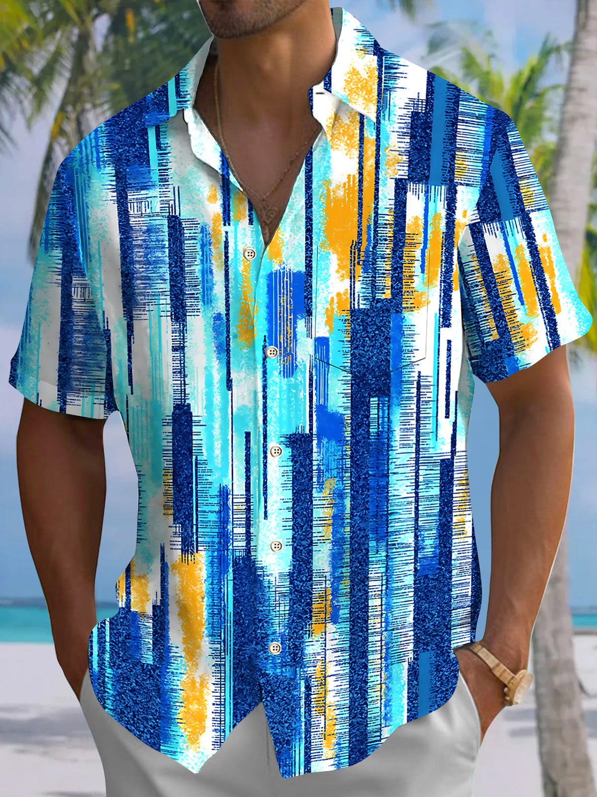 Oceanlyte Men's Blue Graphic Abstract Vertical Line Print Short Sleeve Button Down Shirt with Chest Pocket