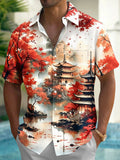 Oceanlyte Men's Graphic Pagoda Maple Leaf Watercolor Print Short Sleeve Button Down Shirt with Chest Pocket