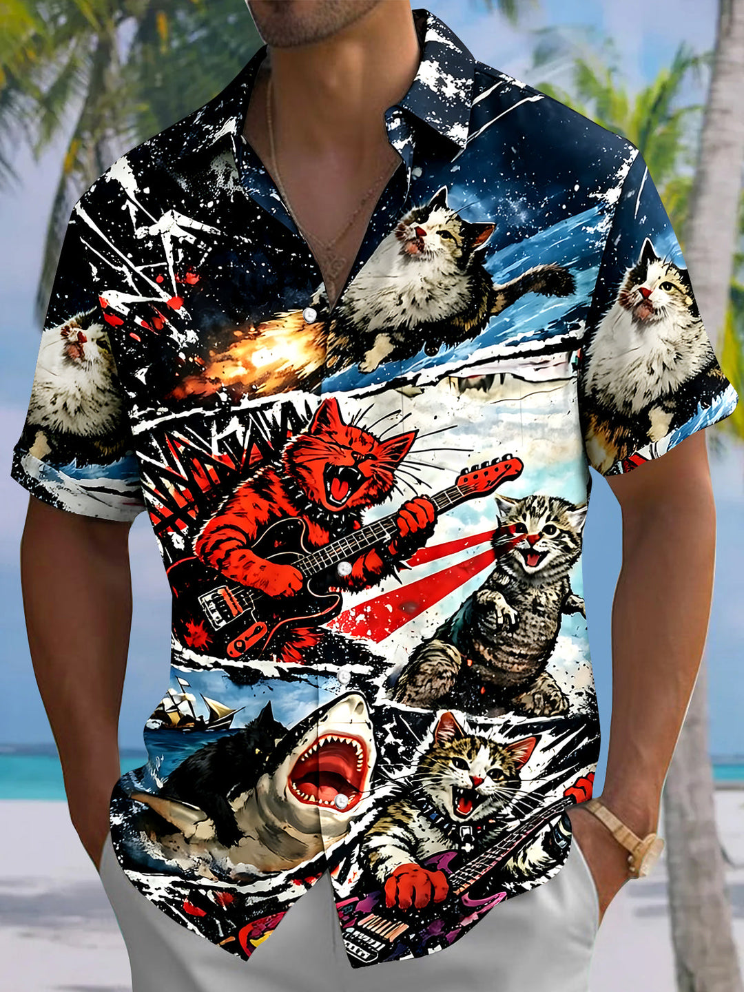 Rocking Cat Men's Pocket Short Sleeve Shirts