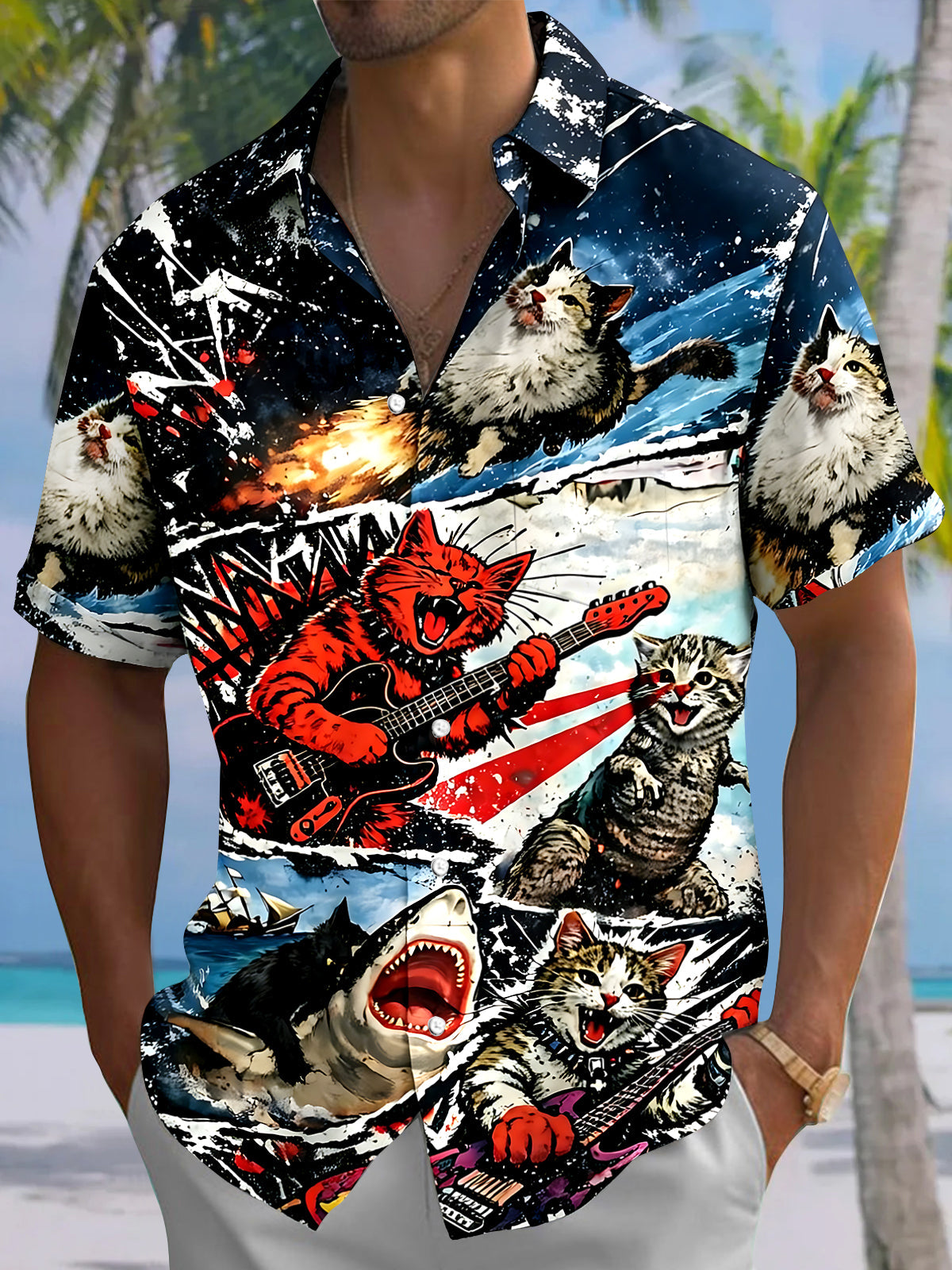 Oceanlyte Men's Graphic Cat Guitar Shark Print Short Sleeve Button Down Shirt with Chest Pocket