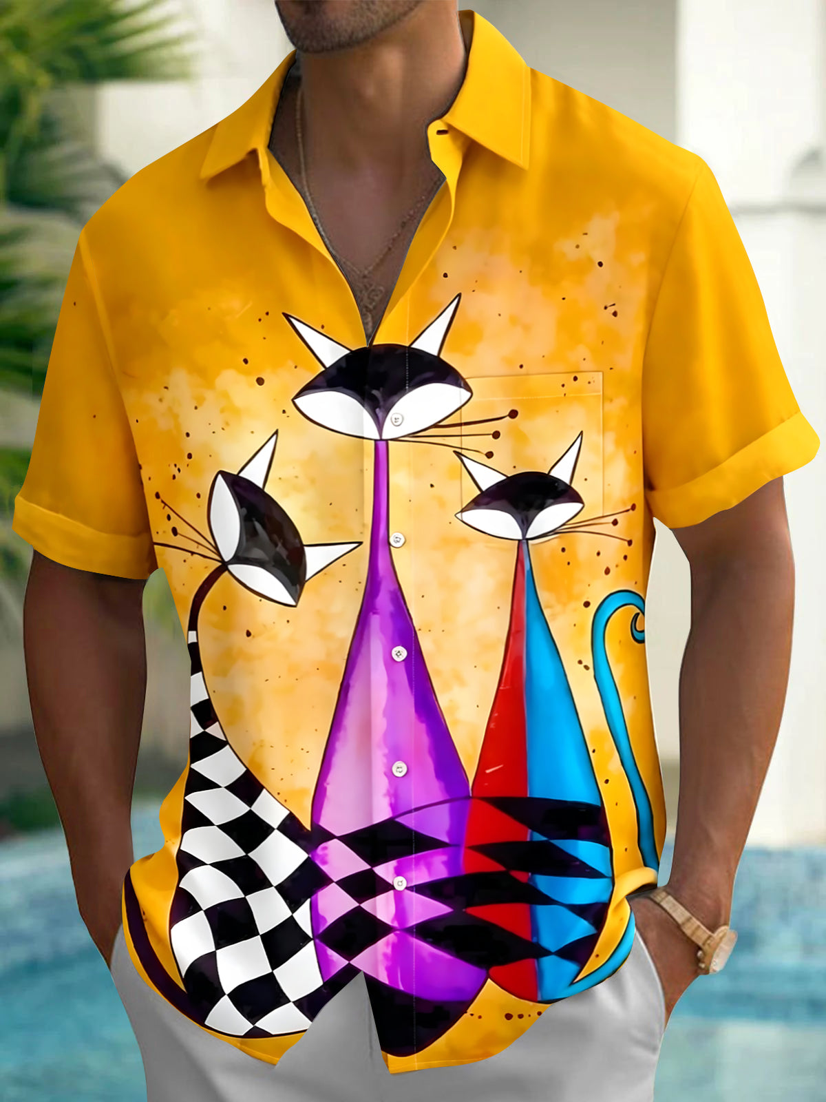 Oceanlyte Men's Graphic Abstract Geometric Cat Print Short Sleeve Button Down Shirt with Chest Pocket
