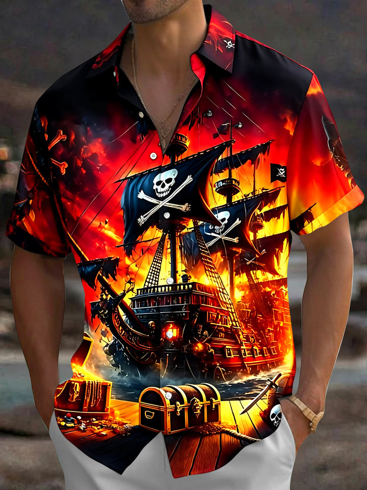 Oceanlyte Men's Graphic 3D Pirate Ship Skull Treasure Print Short Sleeve Button Down Shirt with Chest Pocket