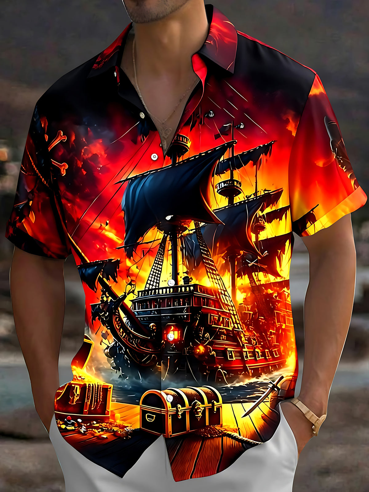 Oceanlyte Men's Graphic 3D Pirate Ship Skull Treasure Print Short Sleeve Button Down Shirt with Chest Pocket