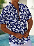 Oceanlyte Men's Hawaiian Tropical Blue White Hibiscus Floral Print Short Sleeve Button Down Shirt with Chest Pocket
