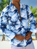 Oceanlyte Men's Hawaiian Tropical Blue White Hibiscus Floral Print Long Sleeve Button Down Shirt with Chest Pocket