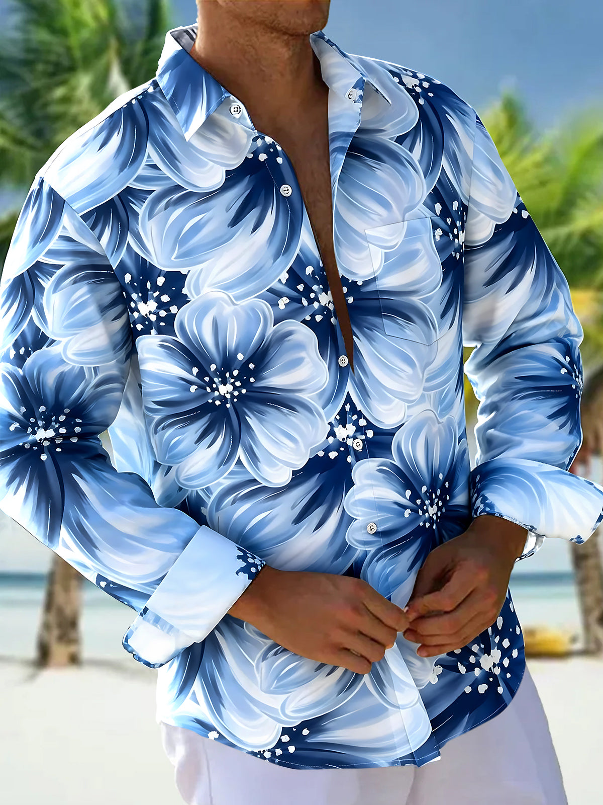 Oceanlyte Men's Hawaiian Tropical Blue White Hibiscus Floral Print Long Sleeve Button Down Shirt with Chest Pocket
