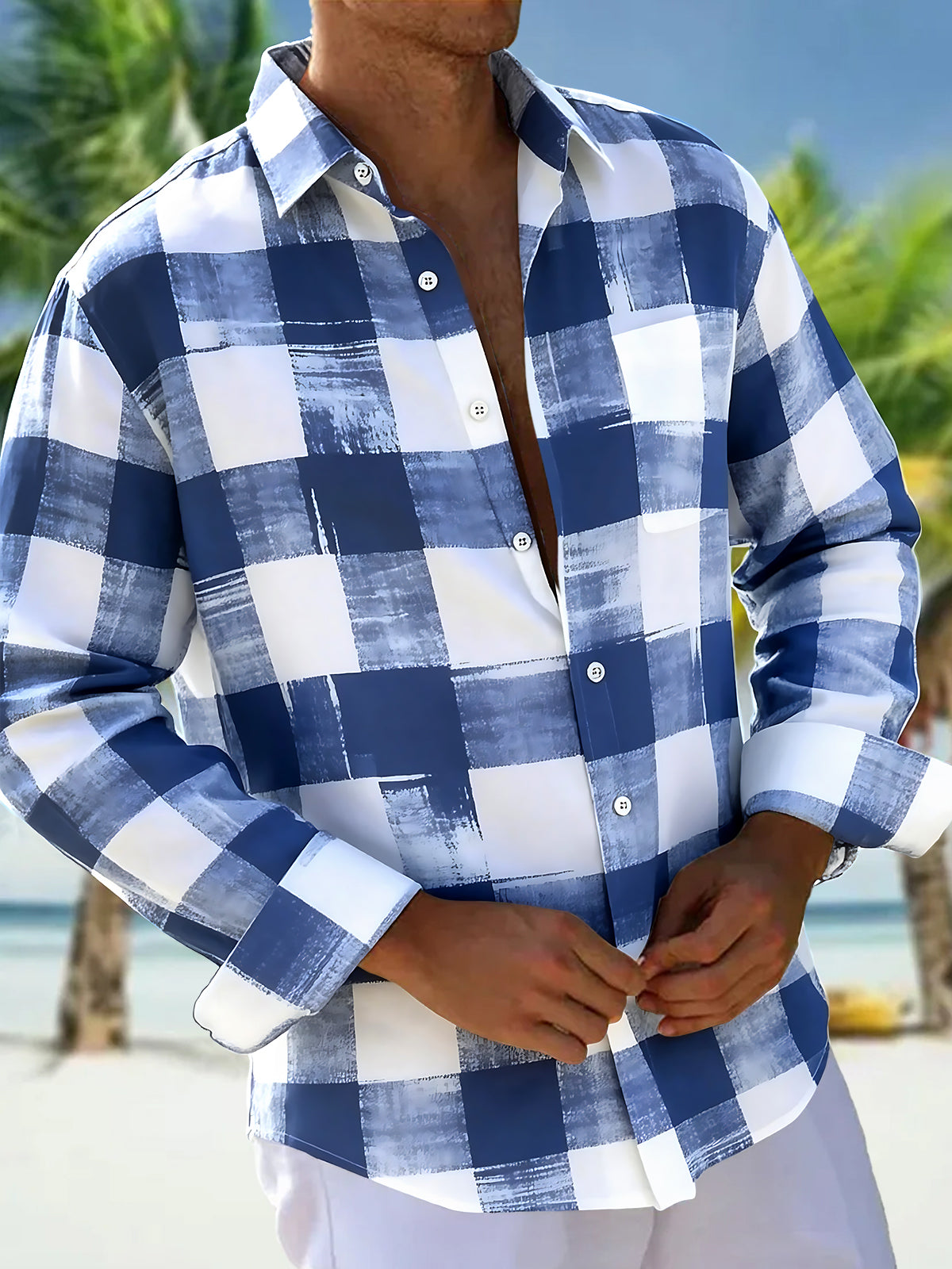Oceanlyte Men's Geometric Blue White Checkered Plaid Print Long Sleeve Button Down Shirt with Chest Pocket