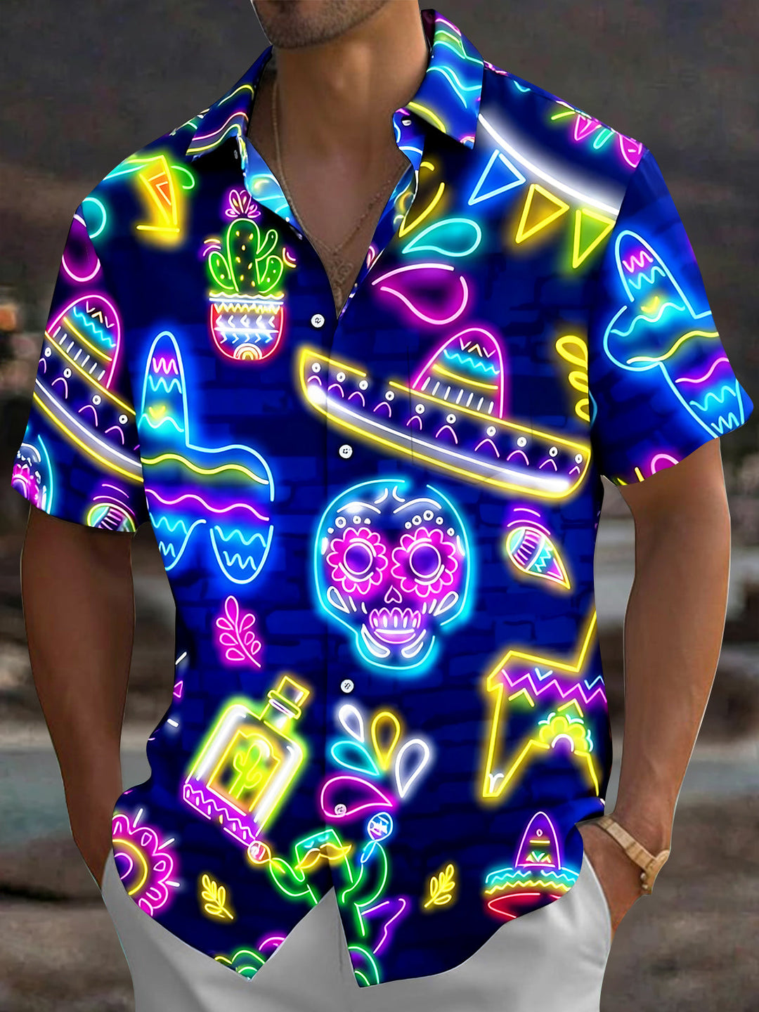 Hype Neon Cactus Tequila Skull Men's Pocket Short Sleeve Shirts