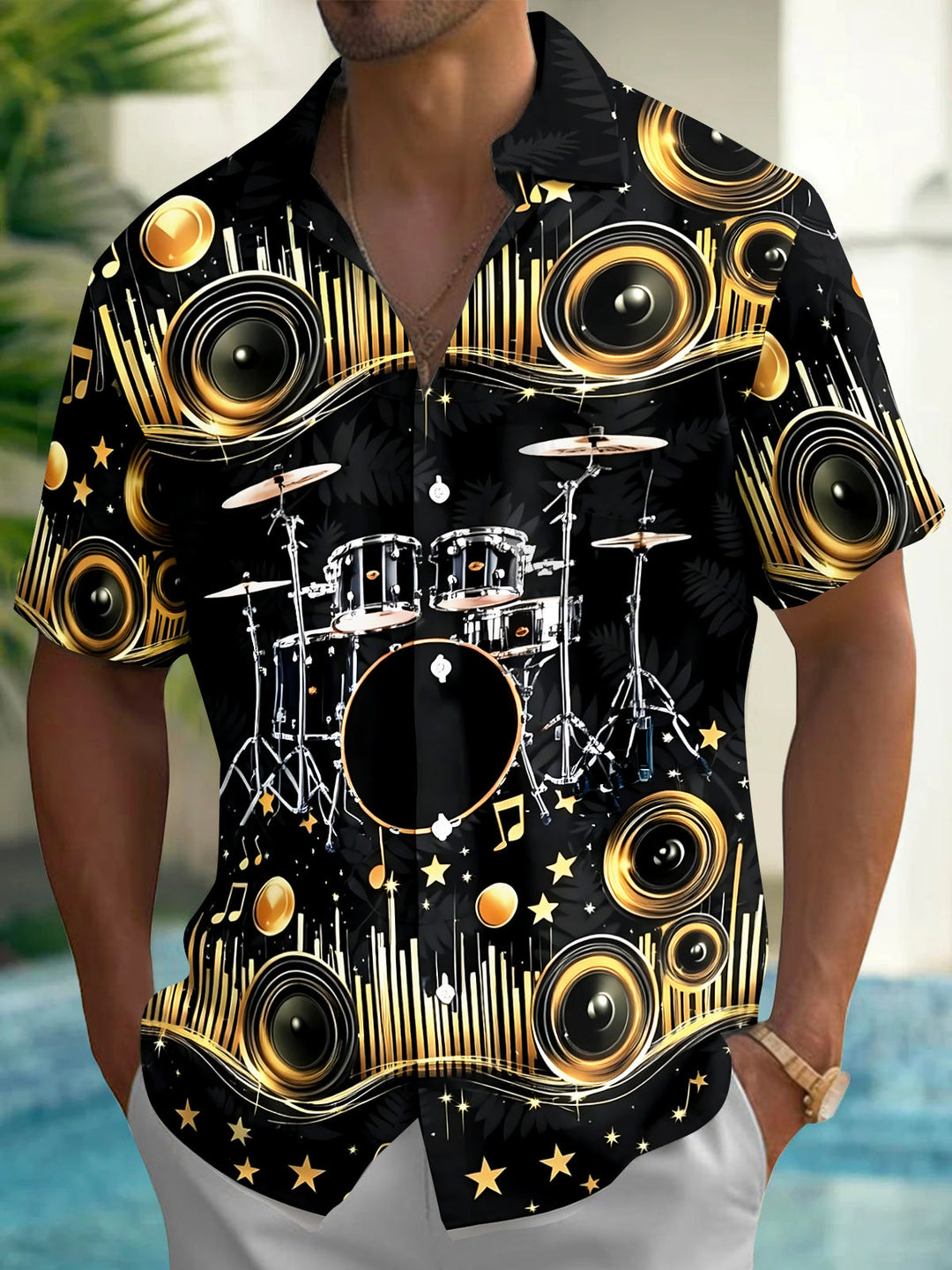 Music Audio Equipment Drum Set Men's Pocket Short Sleeve Shirts
