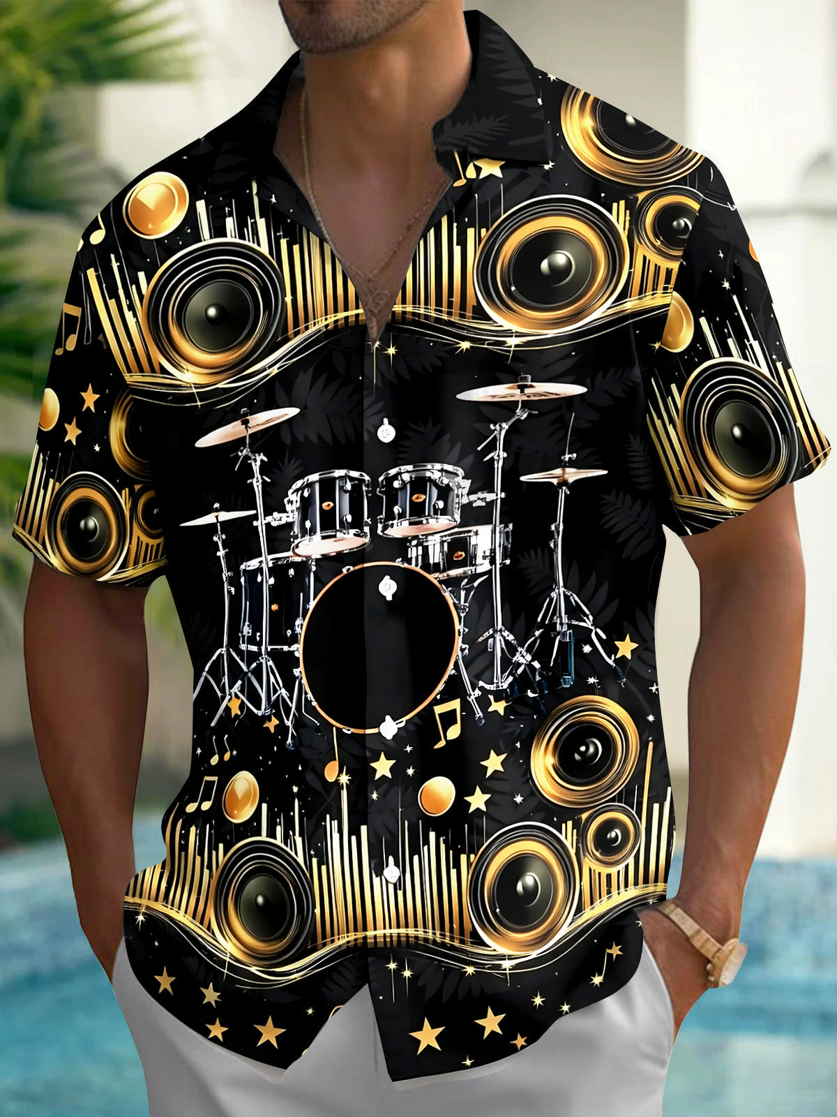 Oceanlyte Men's Graphic 3D Drum Set Speaker Music Print Short Sleeve Button Down Shirt with Chest Pocket