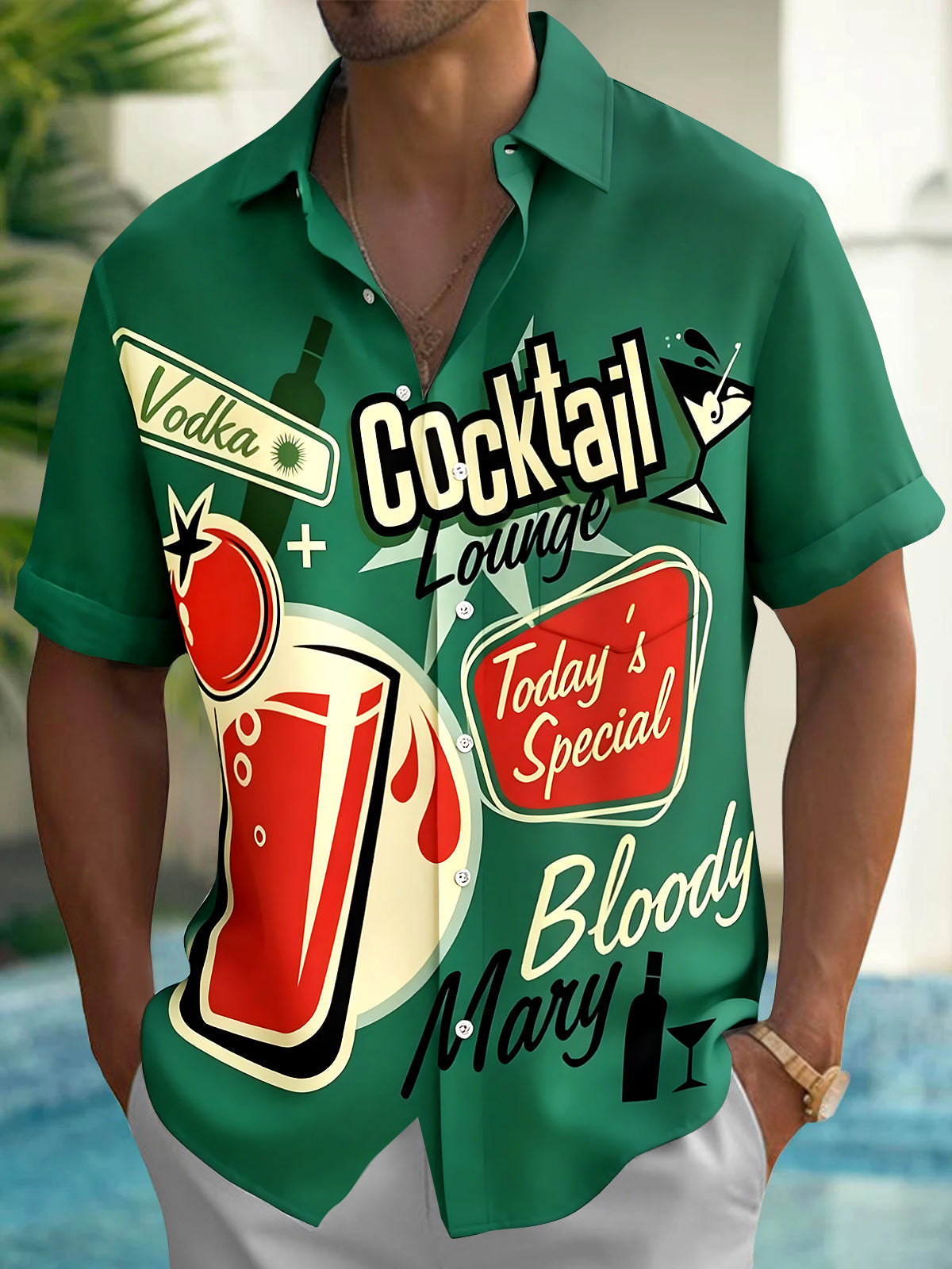 Oceanlyte Men's Graphic Retro Cocktail Lounge Bloody Mary Print Short Sleeve Button Down Shirt with Chest Pocket