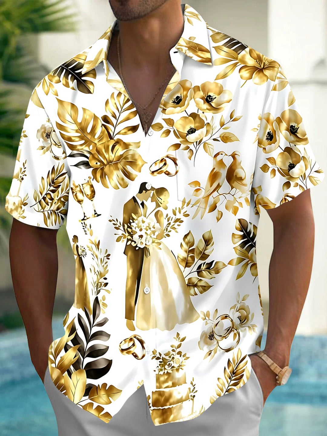 Art Wedding Floral Men's Pocket Short Sleeve Shirts