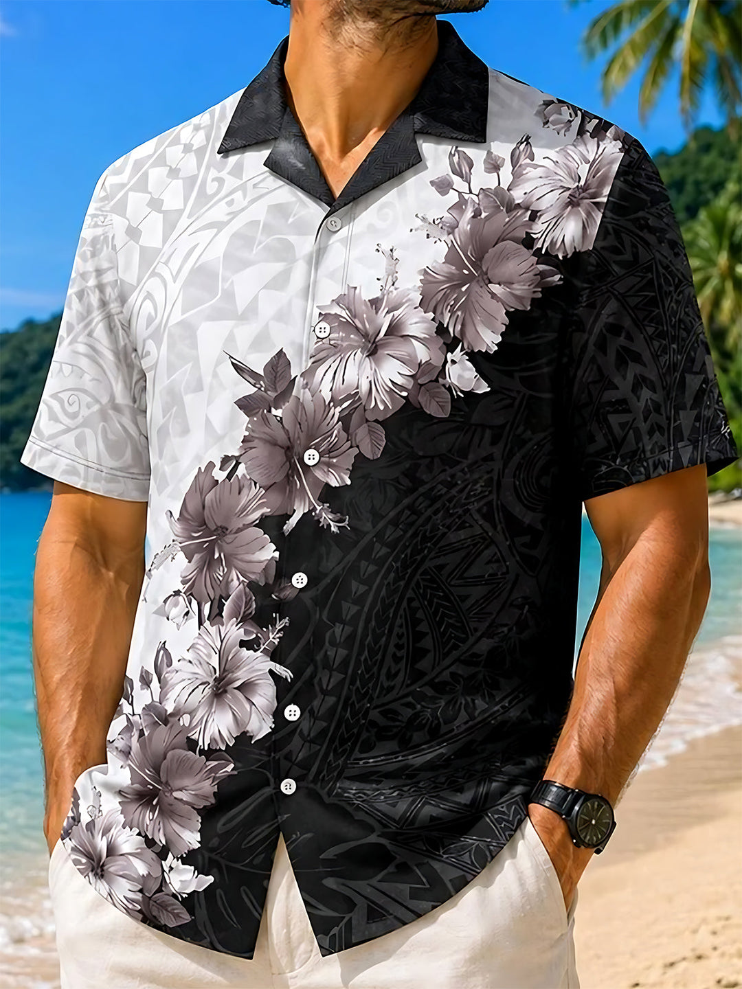 Floral Men's Pocket Cuban Collar Short Sleeve Shirt