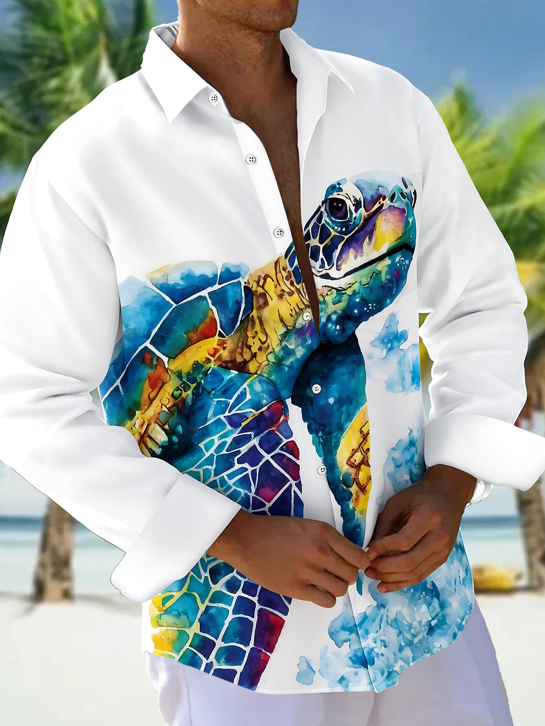 Hawaiian Ocean Sea Turtle Men's Pocket Long Sleeve Shirts